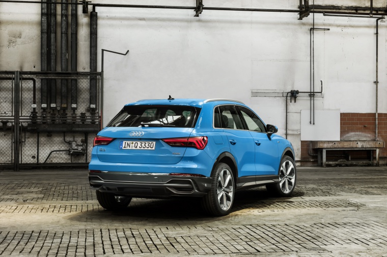 2019 Audi Q3 45 quattro in Turbo Blue from a rear right view